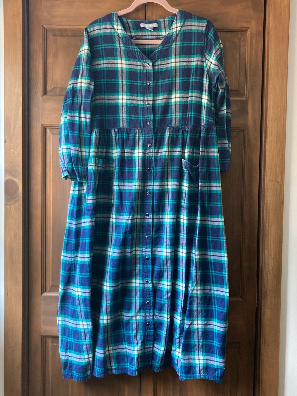 Only Necessities Blue & Green Plaid Snap-up Sleep Dress/Robe M (14/16) USED